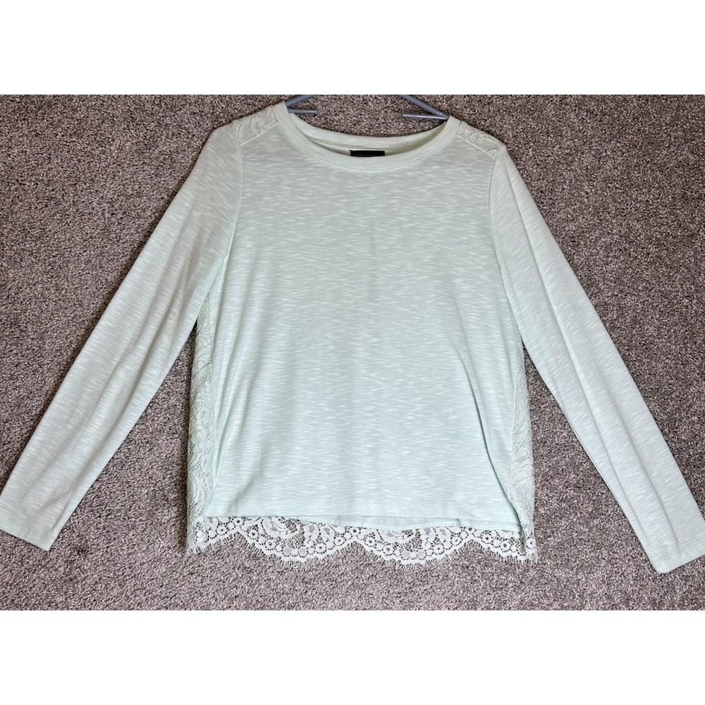 Lord & Taylor‎ Petite Mint Lace Back Long Sleeve Top PM Lace Trim Blouse